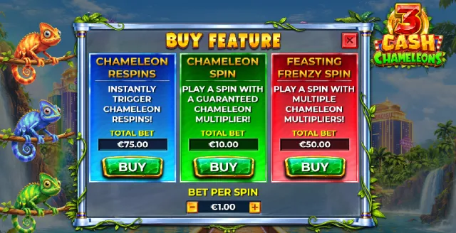 3 Cash Chameleons: 3 Buy Feature Modes illustrated by the studio. Example rewards are not our gambling results.