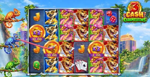 3 Cash Chameleons: Wild Symbols illustrated by the studio. Example rewards are not our gambling results.