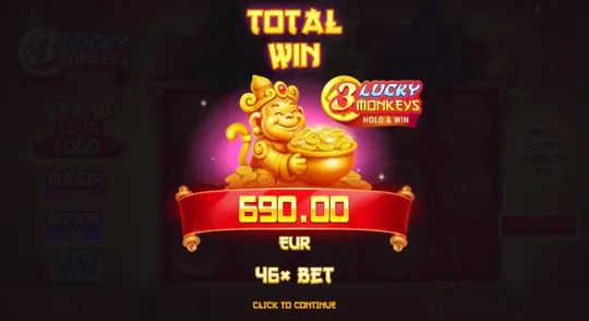 An illustrative studio result from 3 Lucky Monkeys; the pictured amount is not our playing result.