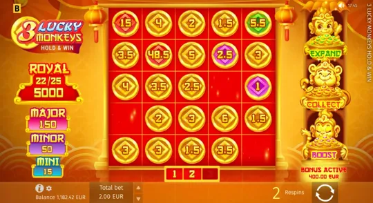 The expanded Hold & Win board shows coin positions and the separate jackpot and power displays.