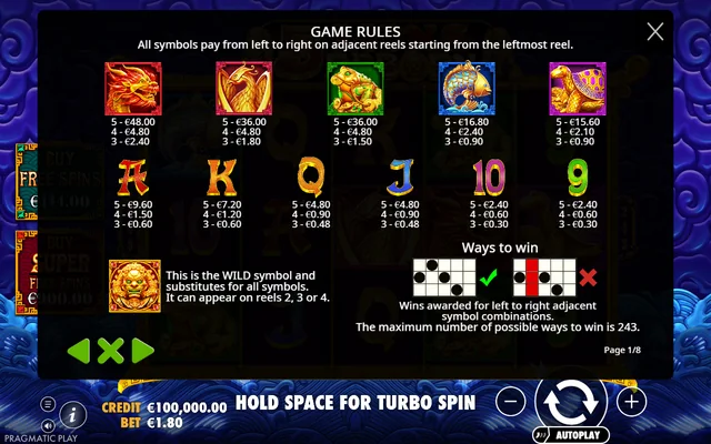 5 Lions Reborn — symbol paytable and game rules