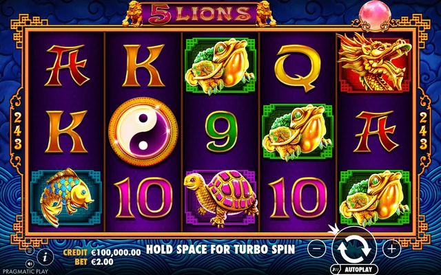 5 Lions — game layout and virtual-credit controls