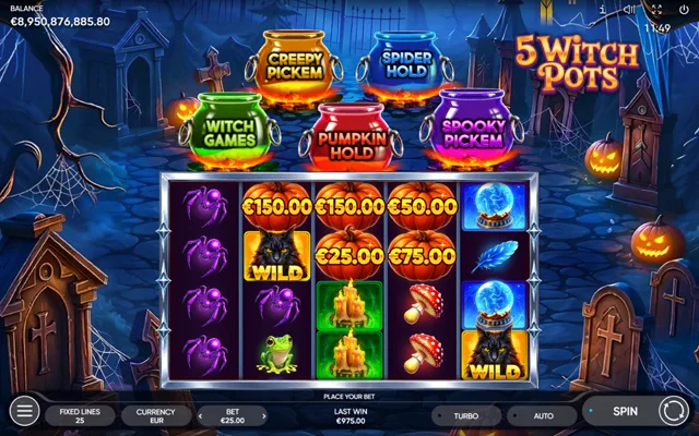 5 Witch Pots: official studio game illustration. Any displayed prices or wins are examples, not our results.