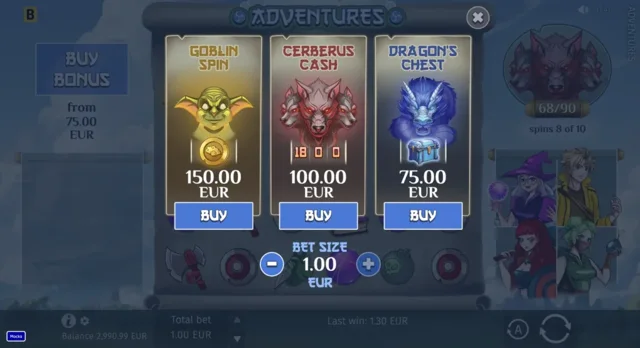 Adventures: official menu for three distinct bonus purchases.