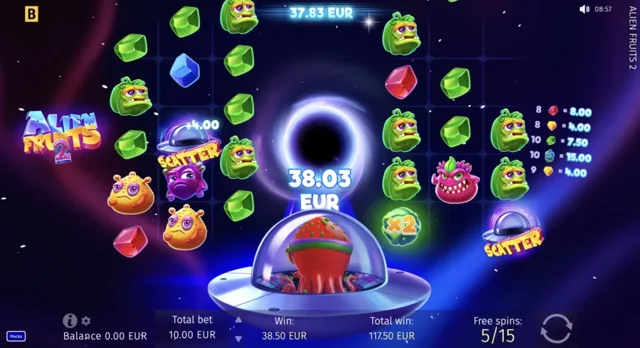 Alien Fruits 2: official portal-themed Free Spins board.