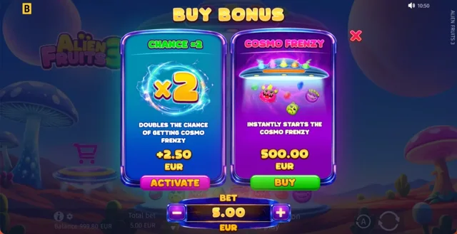 Alien Fruits 3: official menu showing the distinct feature entry options.