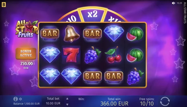 All-Star Fruits: official Free Spins field and multiplier-wheel display.