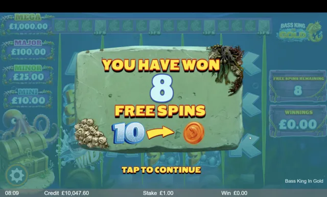 Bass King in Gold: Free Spins illustrated by the studio. Example amounts are not our gambling results.