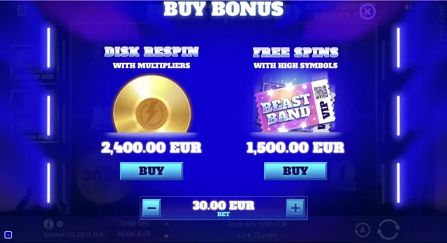 Beast Band: official Disk Respin and Free Spins purchase menu.