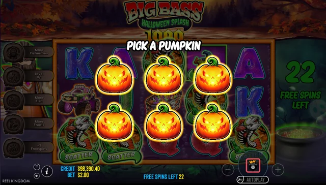 Big Bass Halloween Splash 1000 — pumpkin selection and feature upgrade icons
