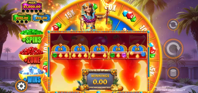 Blazin' Fruit Pharaoh FlameLink™ WinnerWheel™: FlameLink™ illustrated by the studio. Example rewards are not our gambling results.