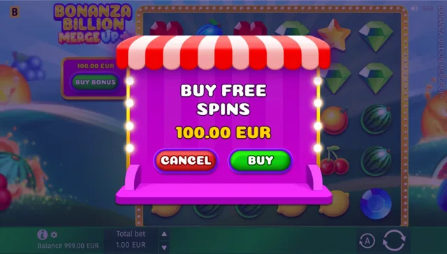 Bonanza Billion Merge Up+: official menu showing the distinct feature entry options.