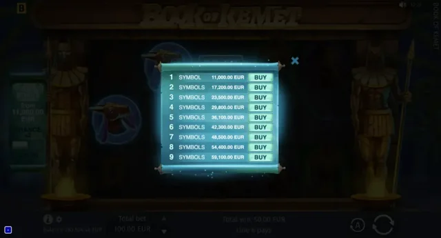 Book of Kemet: official Expanding-symbol bonus-purchase menu.