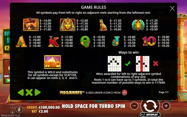 Book of Tut Megaways — symbol paytable and game rules