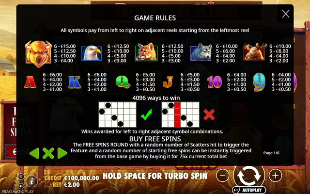 Buffalo King — symbol paytable and game rules