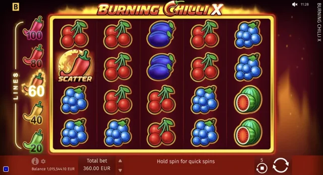 Burning Chilli X: official fruit-and-pepper layout with line selector.