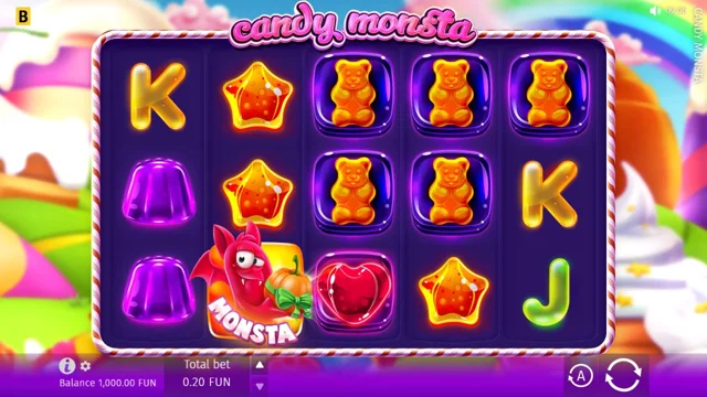 Candy Monsta: initial reel screen with 1,000 virtual FUN credits; no spins were played.