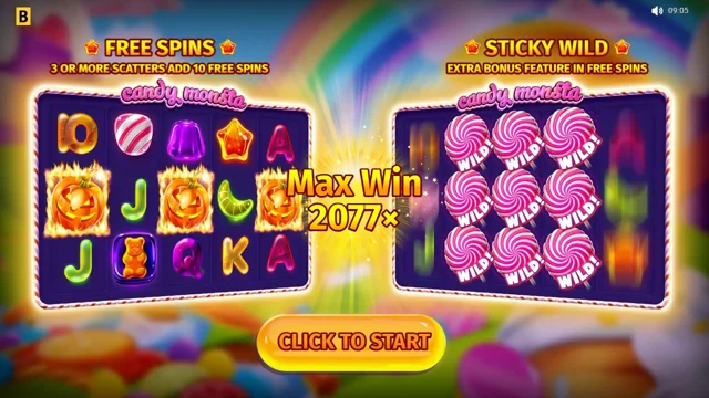 Candy Monsta: the official demo introduction explains free spins and sticky Wilds; illustrated wins are examples.