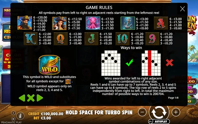 Captain Kraken Megaways — symbol paytable and game rules