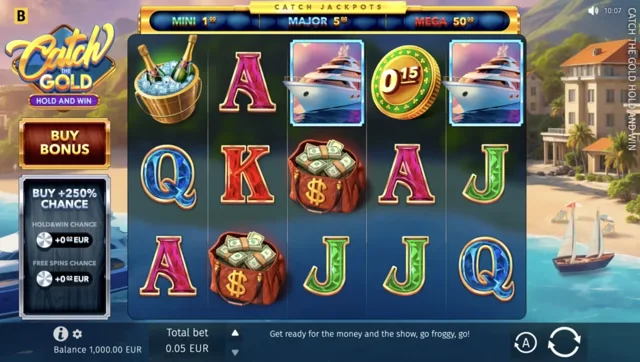 Catch the Gold Hold and Win: official cruise-themed base-game layout.