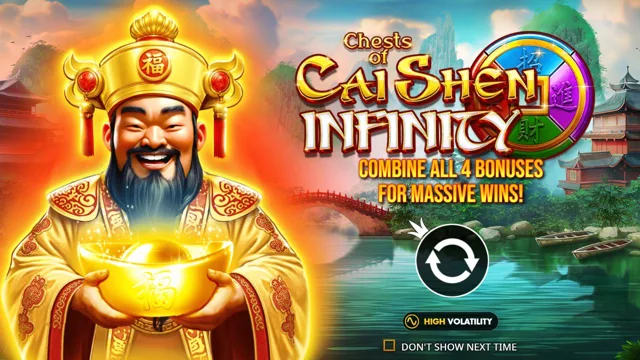 Chests of Cai Shen – Infinity: original introduction showing the game identity. No spin or purchase; any balance is virtual demo credit.