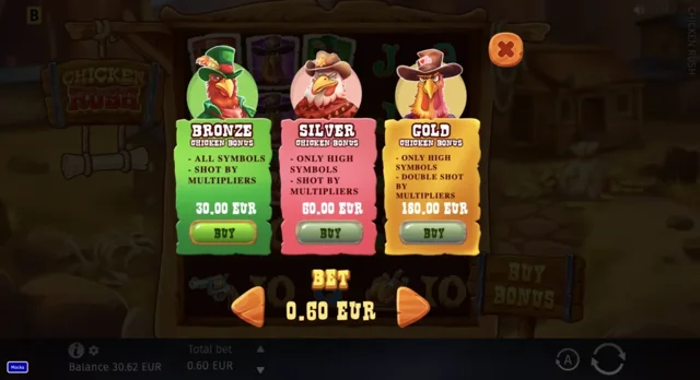 Chicken Rush: official Bronze Silver and Gold bonus menu.