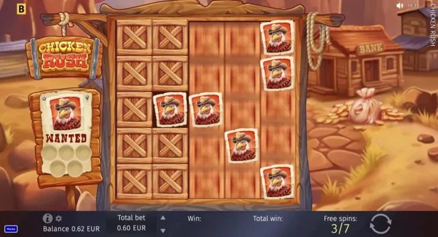 Chicken Rush: official wooden-box bonus board.