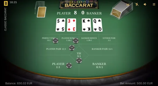 Official Classic Baccarat table showing the Player and Banker hands and separate betting positions.