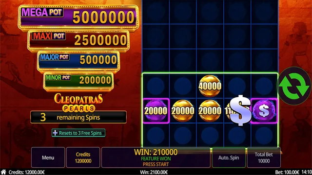 Cleopatras Pearls: the respin grid holds pearl values while the counter shows the remaining spins