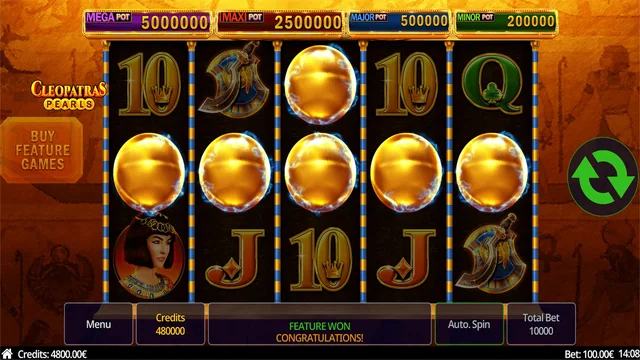 Cleopatras Pearls: a feature-trigger example on the five-reel game. The pearl symbols lead into the separate respin screen