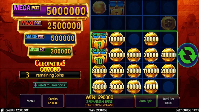 Cleopatras Pearls: an expanded feature board with collected values. The figures shown are a studio example, not typical winnings.