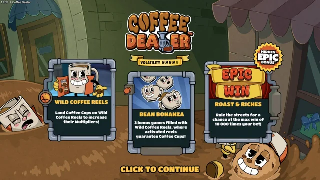 Coffee Dealer: Official game introduction explaining the features. Illustration captured before any spin or purchase.