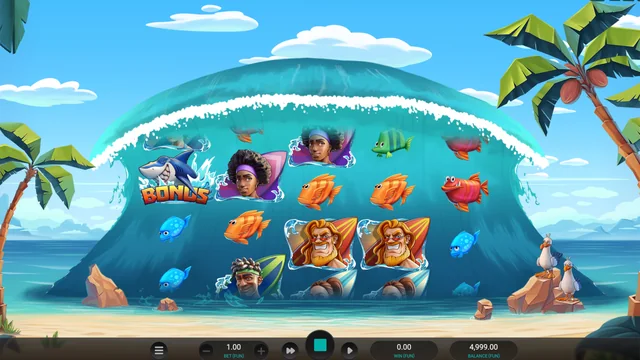 Cowabunga Dream Drop: the irregular wave-shaped reel field, character symbols and bonus shark. Official Relax Gaming free-play screenshot.