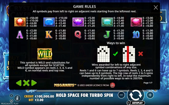 Crystal Caverns Megaways — symbol paytable and game rules