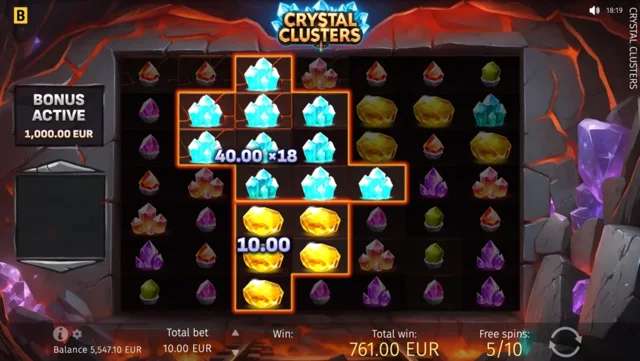 Crystal Clusters: official Free Spins cluster with marked multiplier cells.