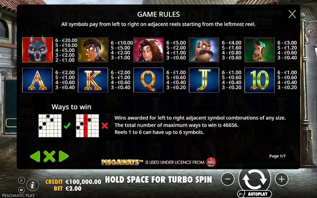 Curse of the Werewolf Megaways — symbol paytable and game rules