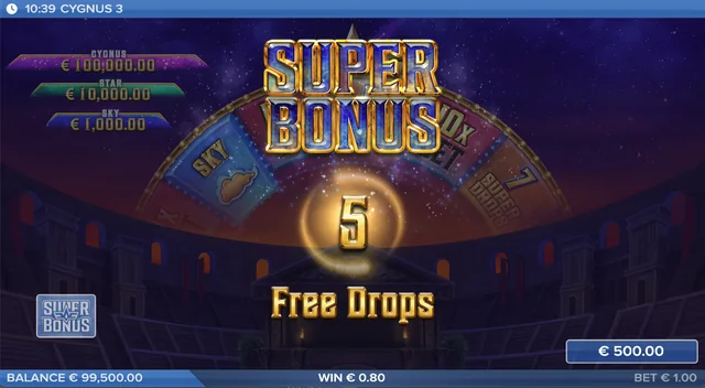 Cygnus 3: the Super Bonus entry screen awards five free drops. This is a studio example, not a result from our own play.