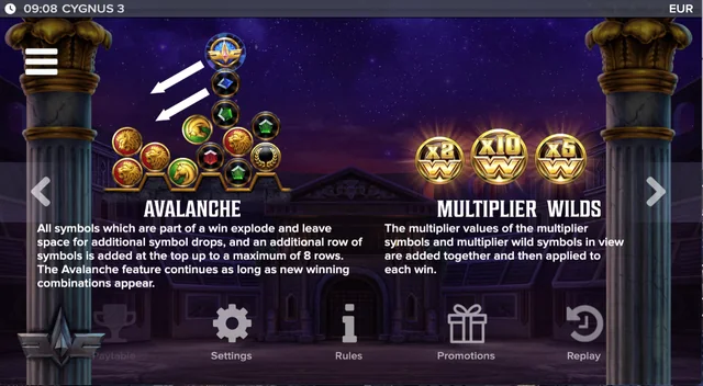 Cygnus 3: winning symbols are removed by the Avalanche mechanic; the rules also explain how multiplier wilds combine