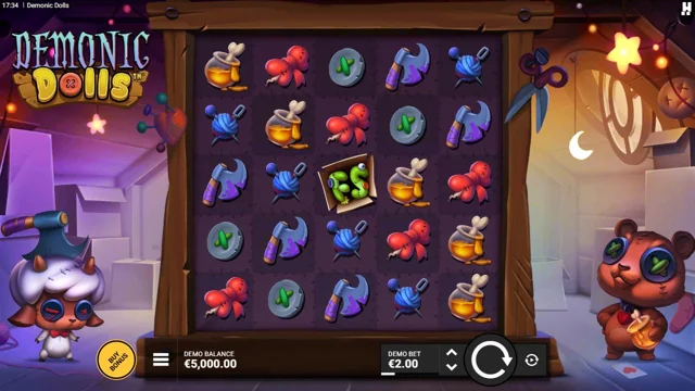 Demonic Dolls: Original official demo opening reels. The displayed balance is virtual demo credit; no spin or purchase was made.