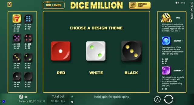 Dice Million: official dice-skin selection menu.