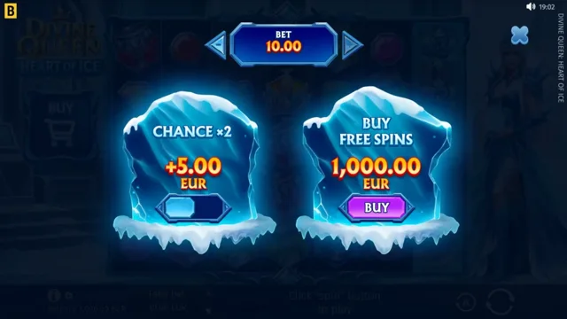 Divine Queen: Heart of Ice: official Free Spins purchase and Chance x2 panel.