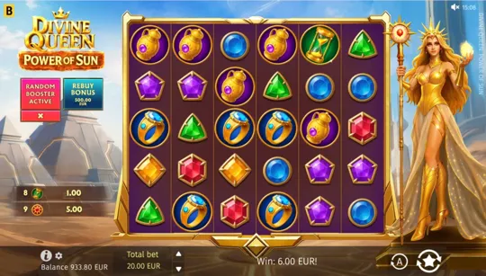 Official BGaming image: the pay-anywhere board and multiplier cells in Divine Queen: Power of Sun.