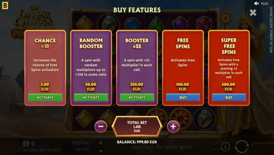 The official feature menu separates Chance, booster spins, free spins and super free spins; prices depend on the selected stake.