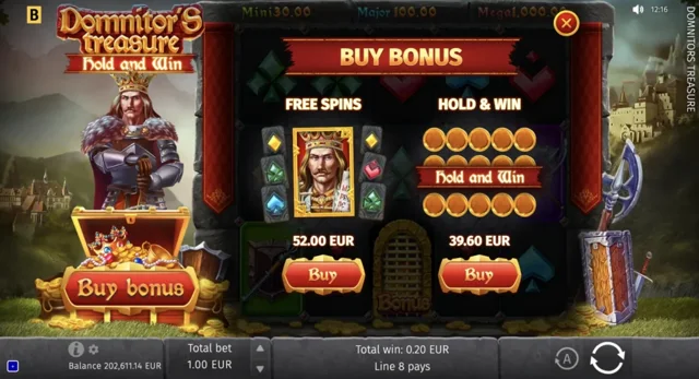 Domnitor’s Treasure: official Free Spins and Hold and Win purchase menu.