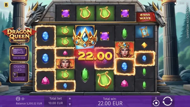 Dragon Queen MEGAWAYS: official main-game layout with a studio winning example.