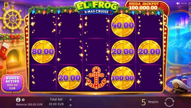 El Frog X-Mas Cruise official Rock and Win screen with locked Coins and an Anchor