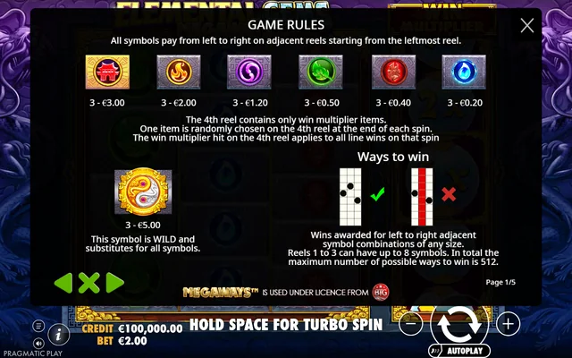 Elemental Gems Megaways — symbol paytable and game rules
