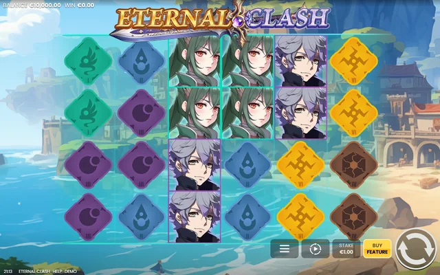 Eternal Clash: the five-reel base game with character symbols and the free-play balance.