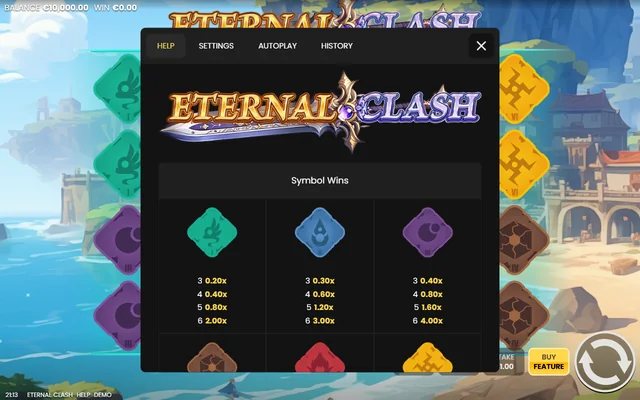 Eternal Clash: the help screen lists payouts for three to six matching symbols. The screenshot shows the first part of the paytable.