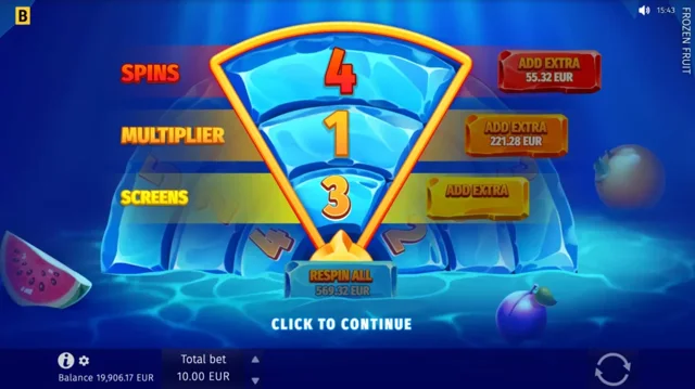 Frozen Fruit: official pre-bonus Wheel for spins, screens and multipliers.